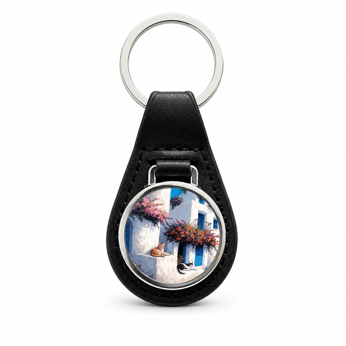 Greek Island Cats Black Leather Metal Keychain