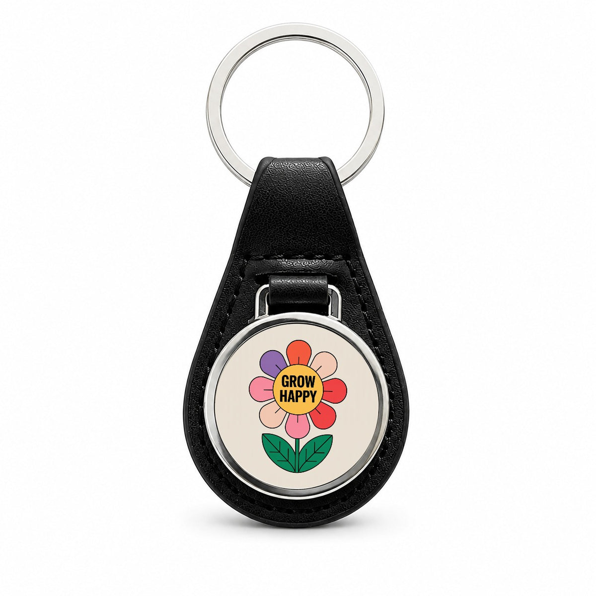 Grow Happy Cheerful Flower Gardener Black Leather Metal Keychain