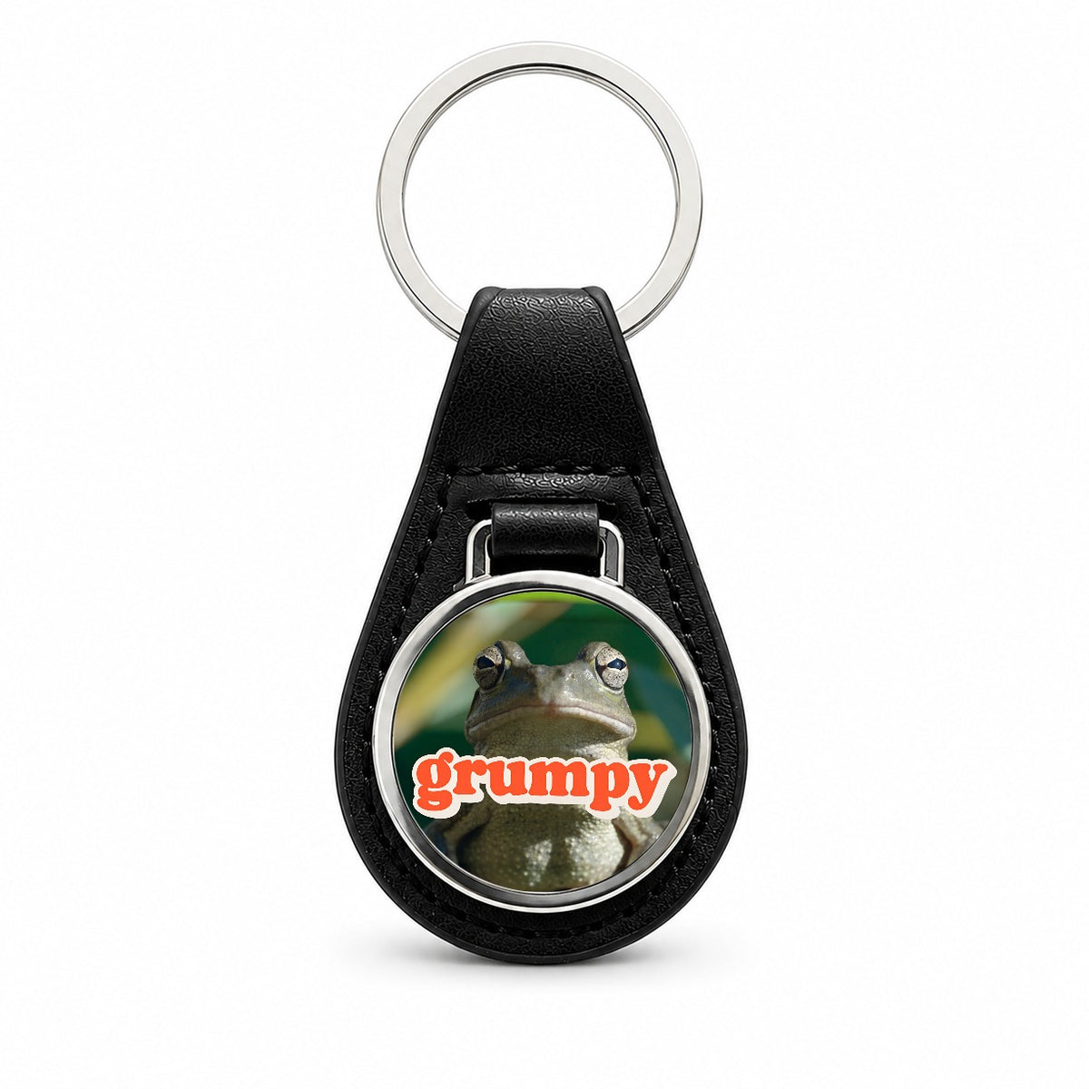 Grumpy Frog Funny Black Leather Metal Keychain