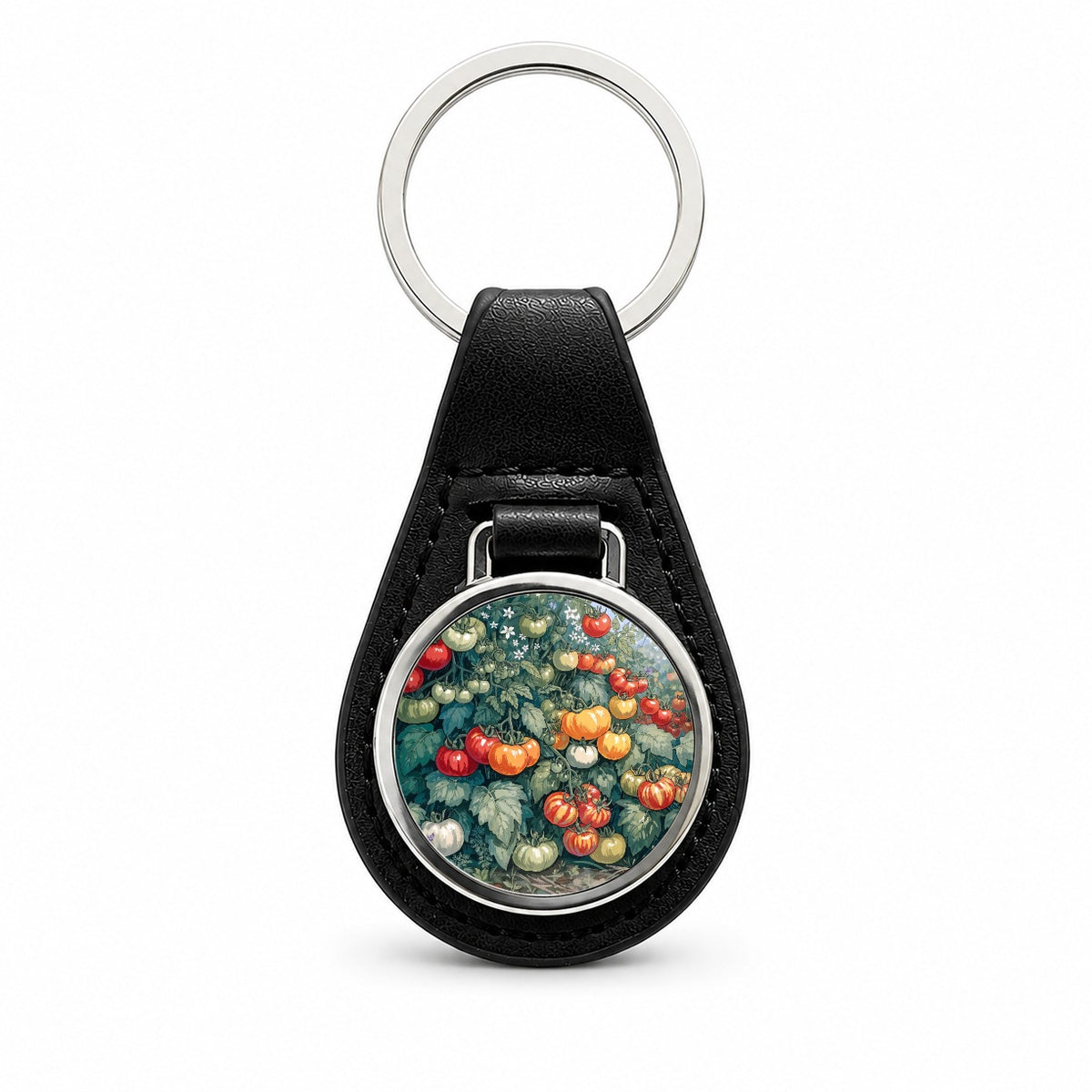 Heirloom Tomato Garden Black Leather Metal Keychain