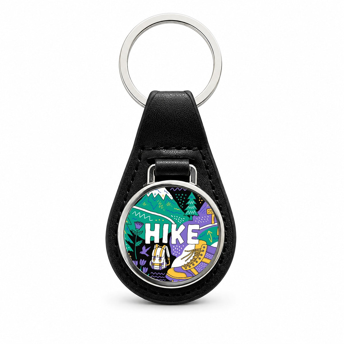 Hike Hiking Hiker Boot Bold Art Black Leather Metal Keychain