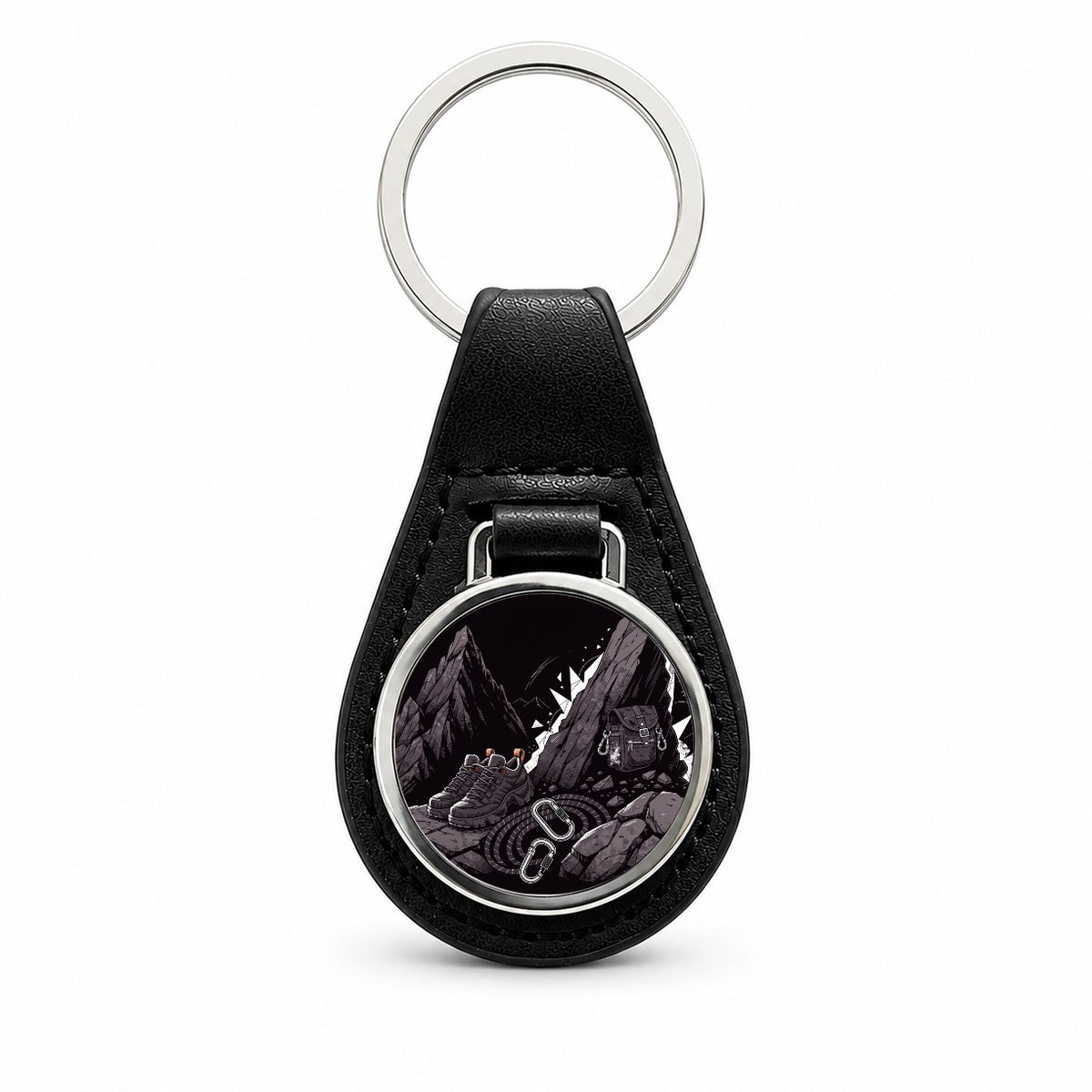 Hiking Rock Climbing Gear Dark Mountain Black Leather Metal Keychain