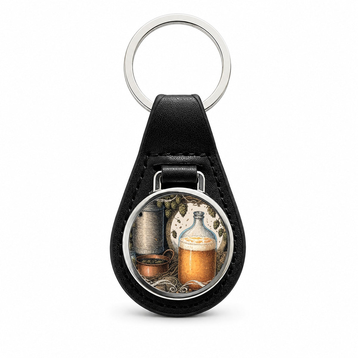 Home Brewing Beer Black Leather Metal Keychain