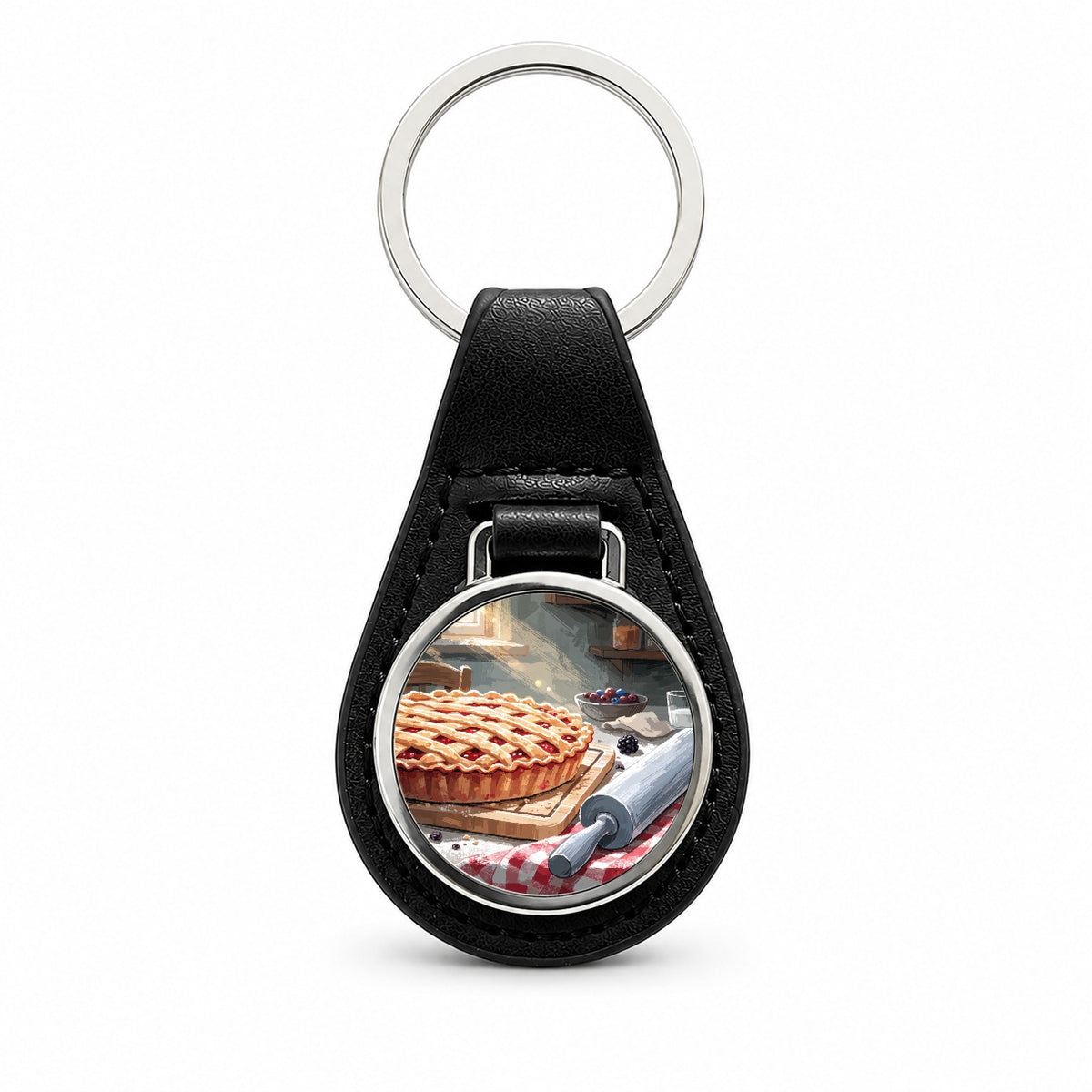 Homemade Pie Baking Black Leather Metal Keychain