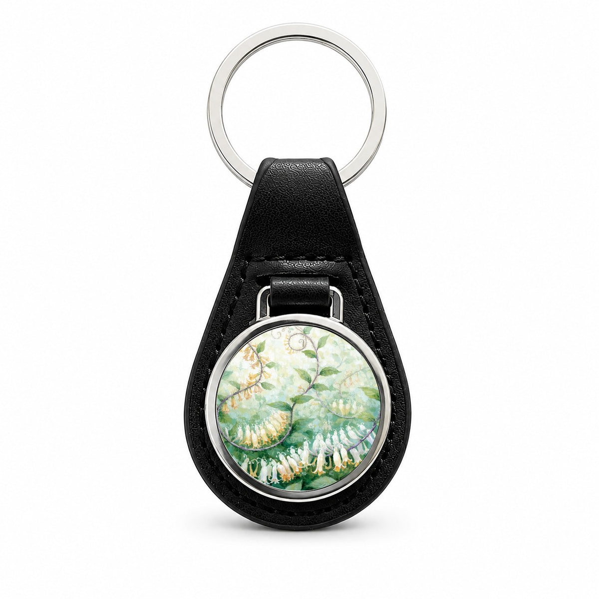 Honeysuckle Flowering Vine Black Leather Metal Keychain
