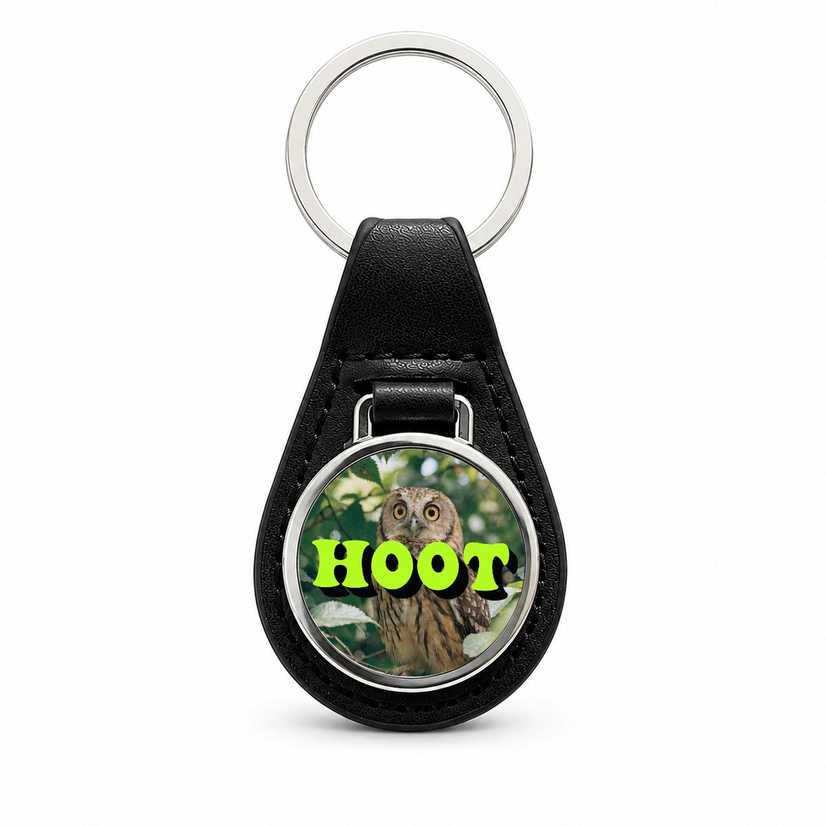 Hoot Owl Funny Black Leather Metal Keychain