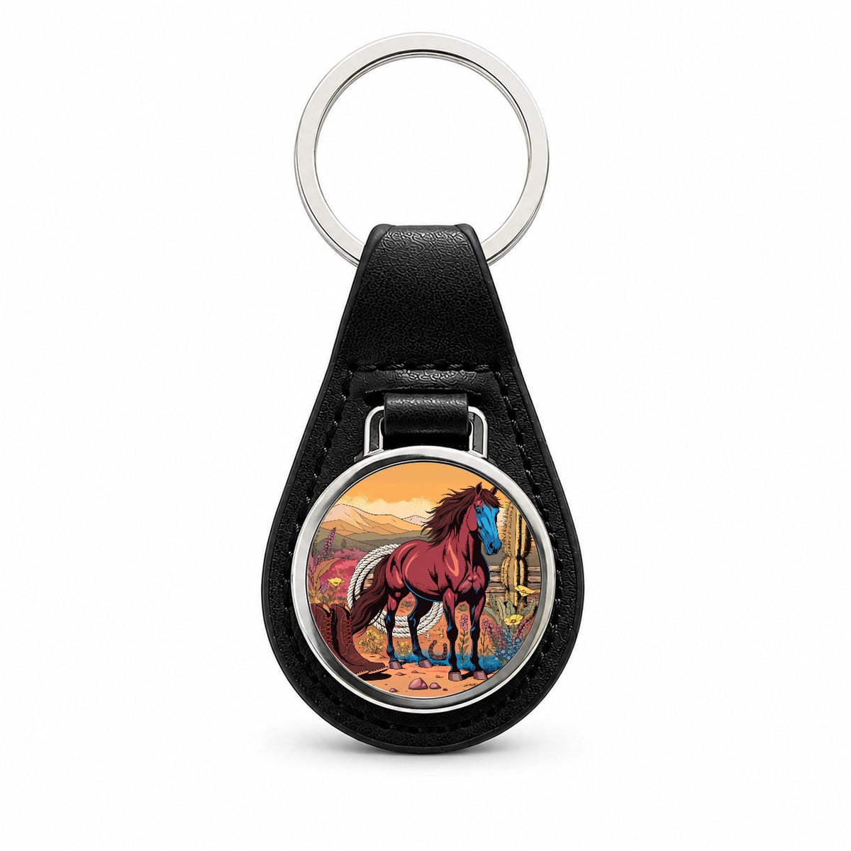 Horse Rancher Western Cowboy Black Leather Metal Keychain