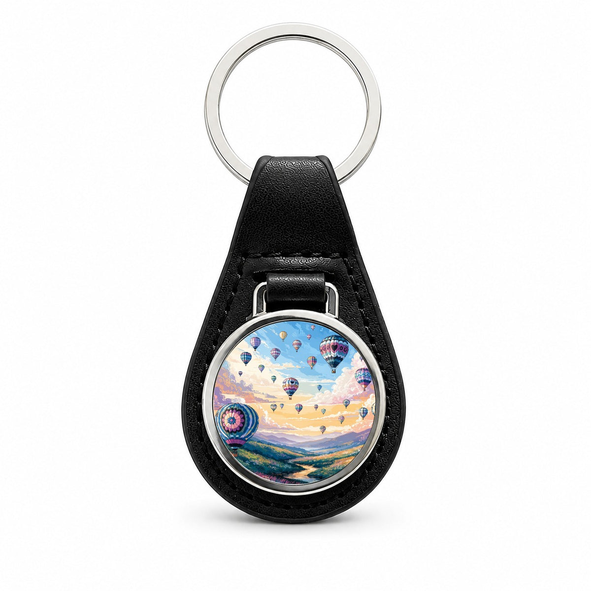 Hot Air Balloons Festival Black Leather Metal Keychain