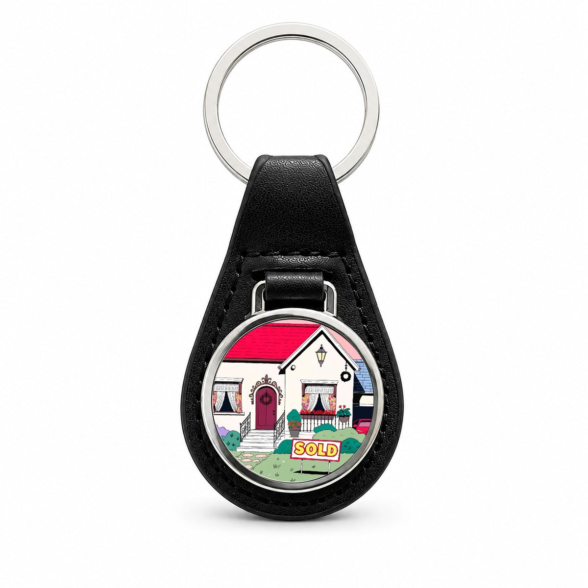 House Sold Realtor Real Estate Black Leather Metal Keychain
