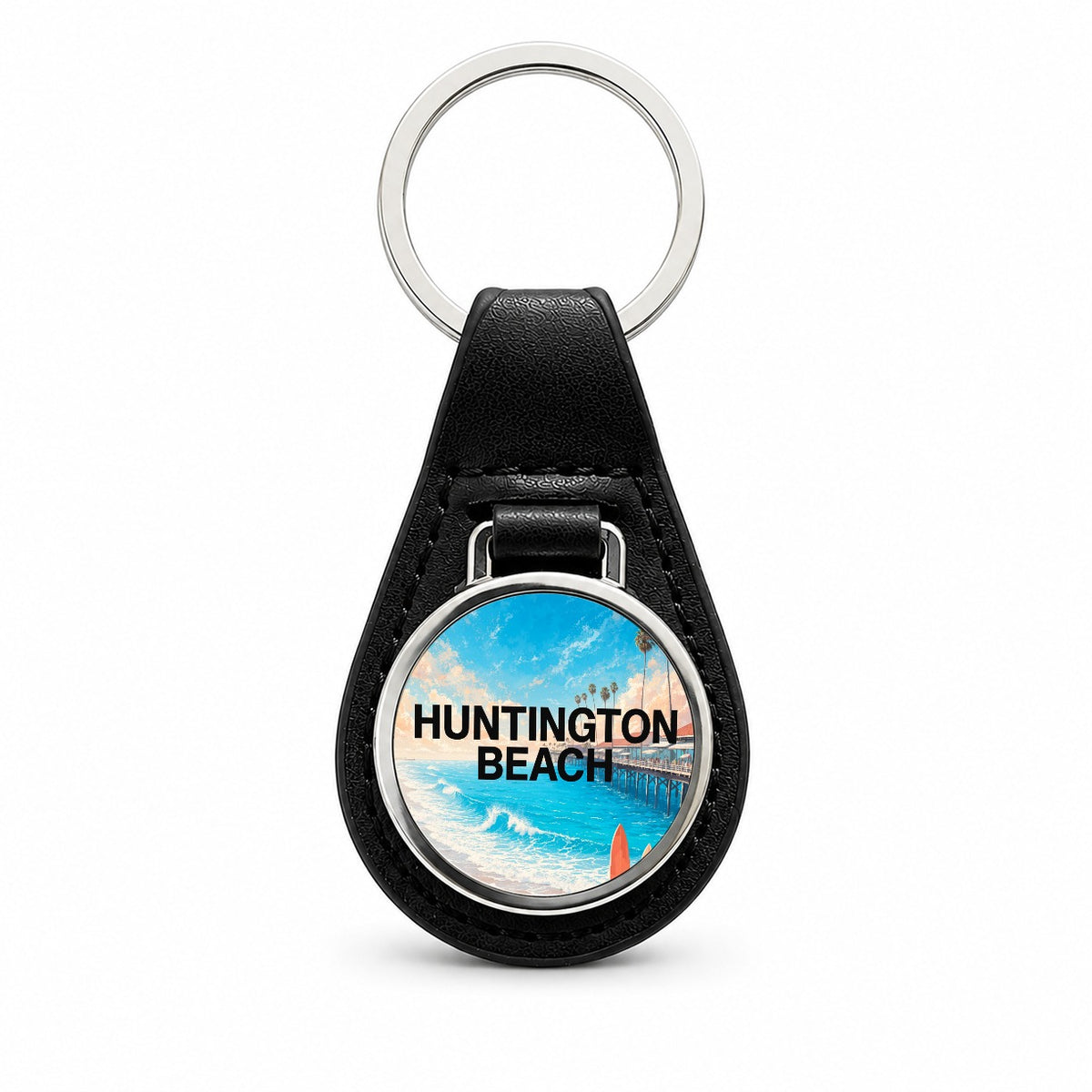 Huntington Beach California Travel Black Leather Metal Keychain