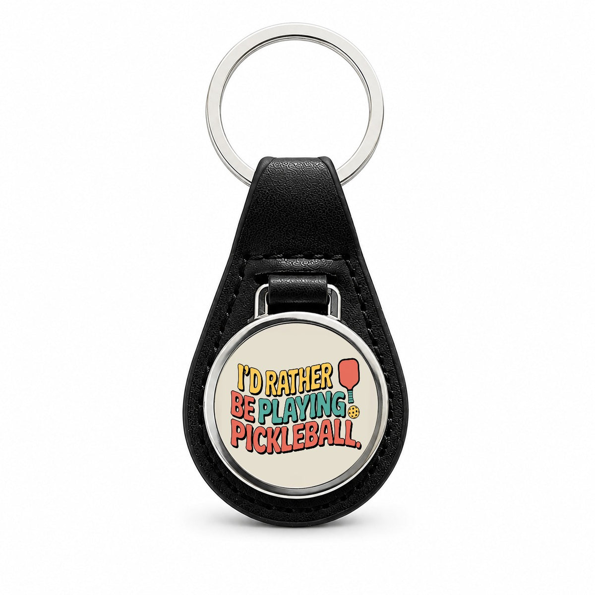 I'd Rather Be Playing Pickleball Black Leather Metal Keychain