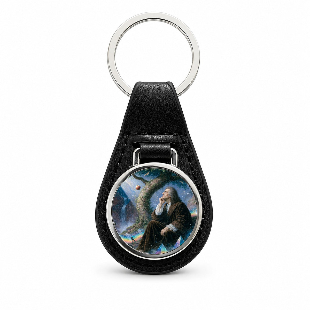 Isaac Newton Scientist Black Leather Metal Keychain