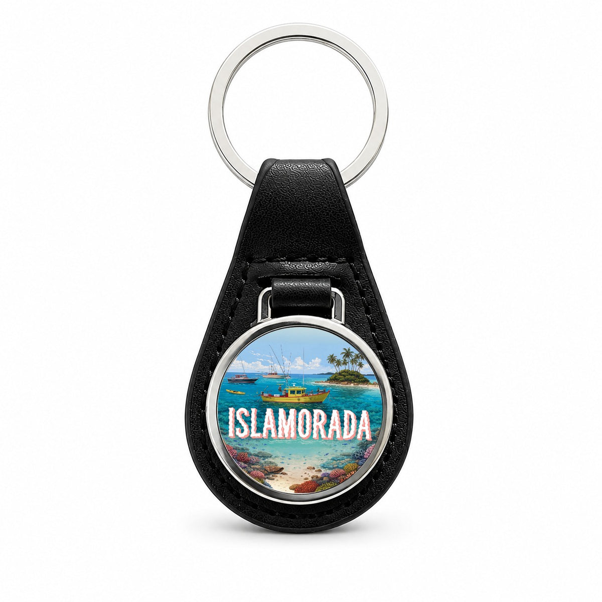 Islamorada Florida Travel Black Leather Metal Keychain
