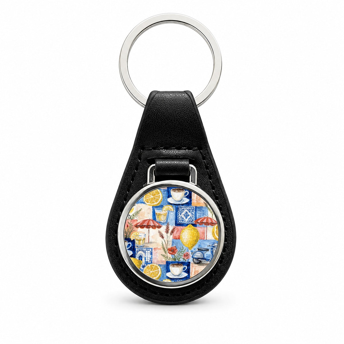 Italian Mediterranean Summer Lemons Black Leather Metal Keychain