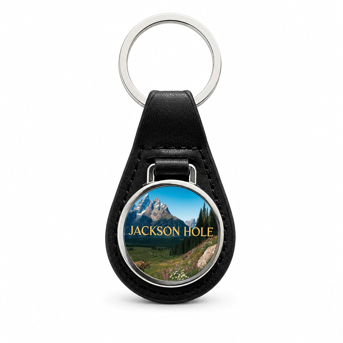 Jackson Hole Wyoming Travel Scenic Black Leather Metal Keychain