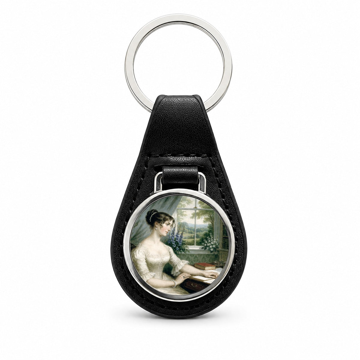 Jane Austen Author Black Leather Metal Keychain