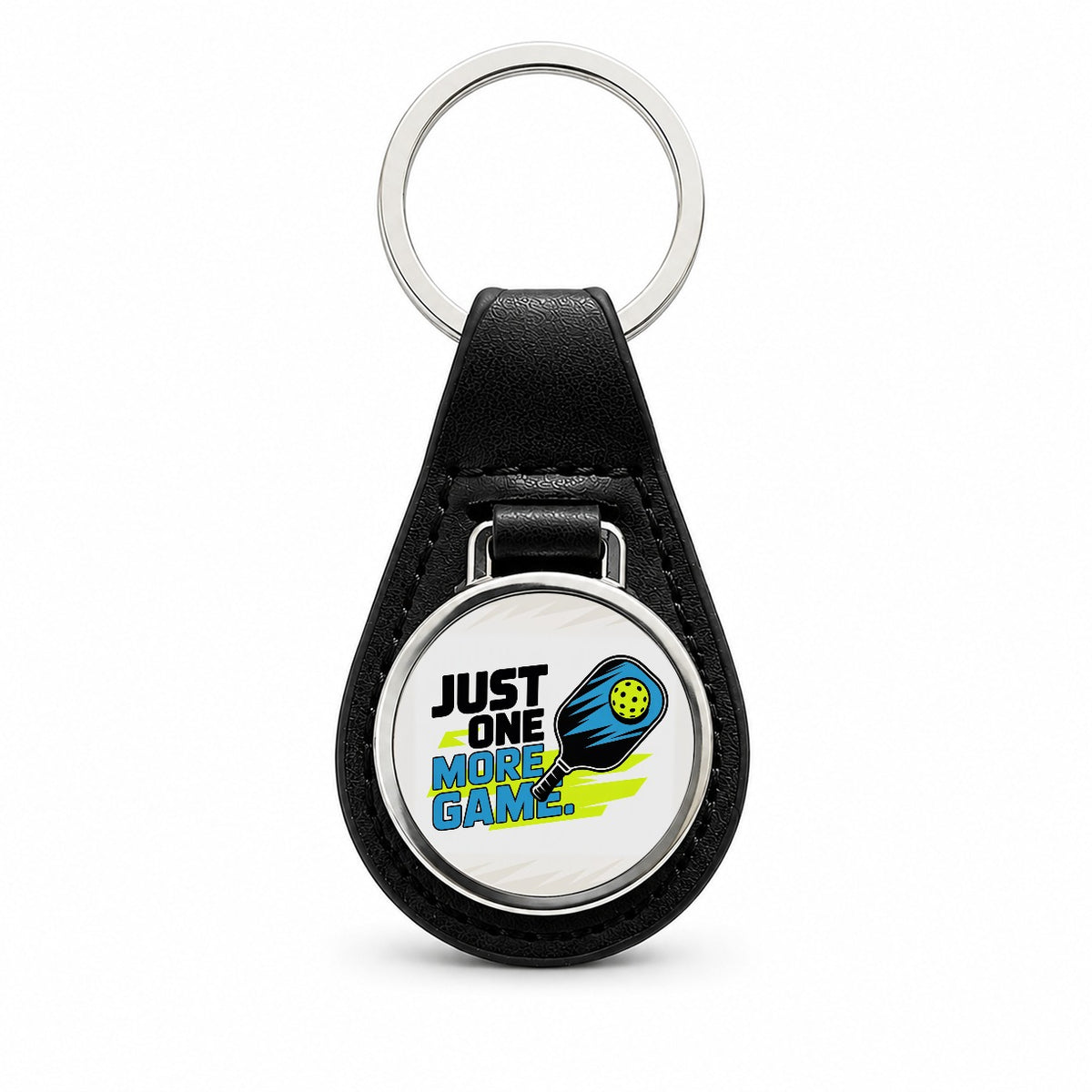 Just One More Game Sporty Pickleball Black Leather Metal Keychain