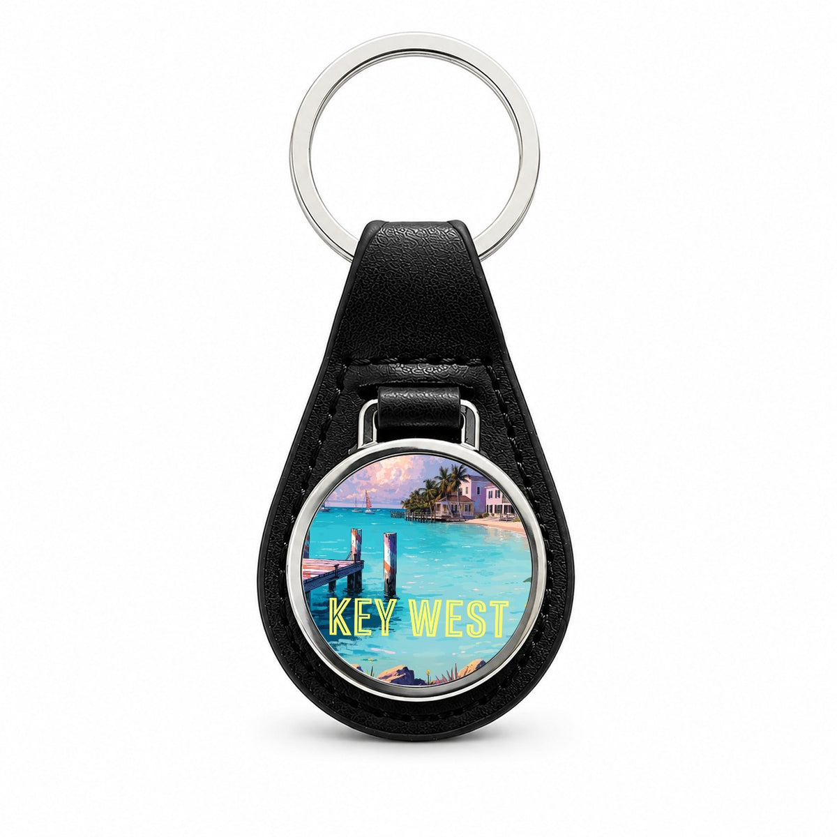 Key West Florida Travel Scenic Black Leather Metal Keychain