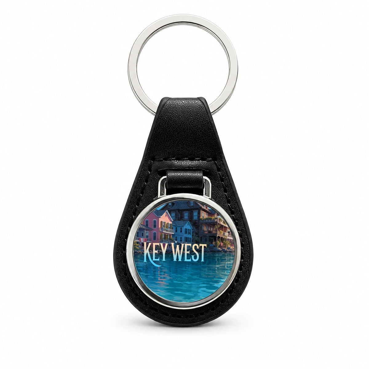 Key West Florida Travel Black Leather Metal Keychain