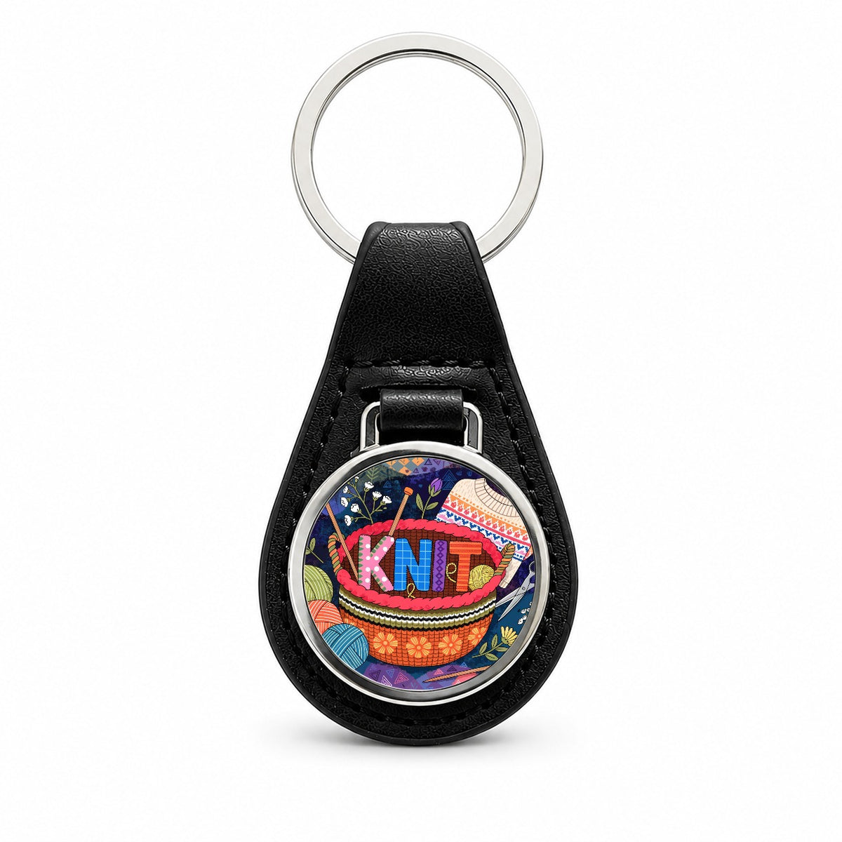 Knit Knitting Colorful Yarn Basket Black Leather Metal Keychain
