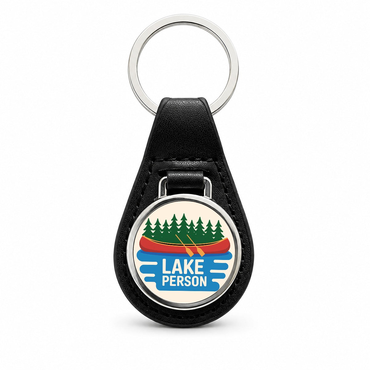 Lake Person Canoe Trees Black Leather Metal Keychain