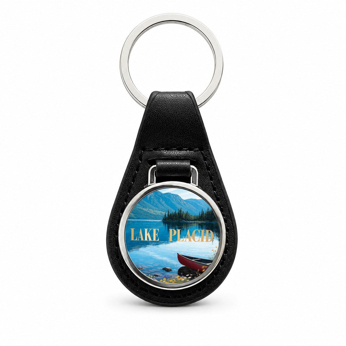 Lake Placid New York Travel Black Leather Metal Keychain