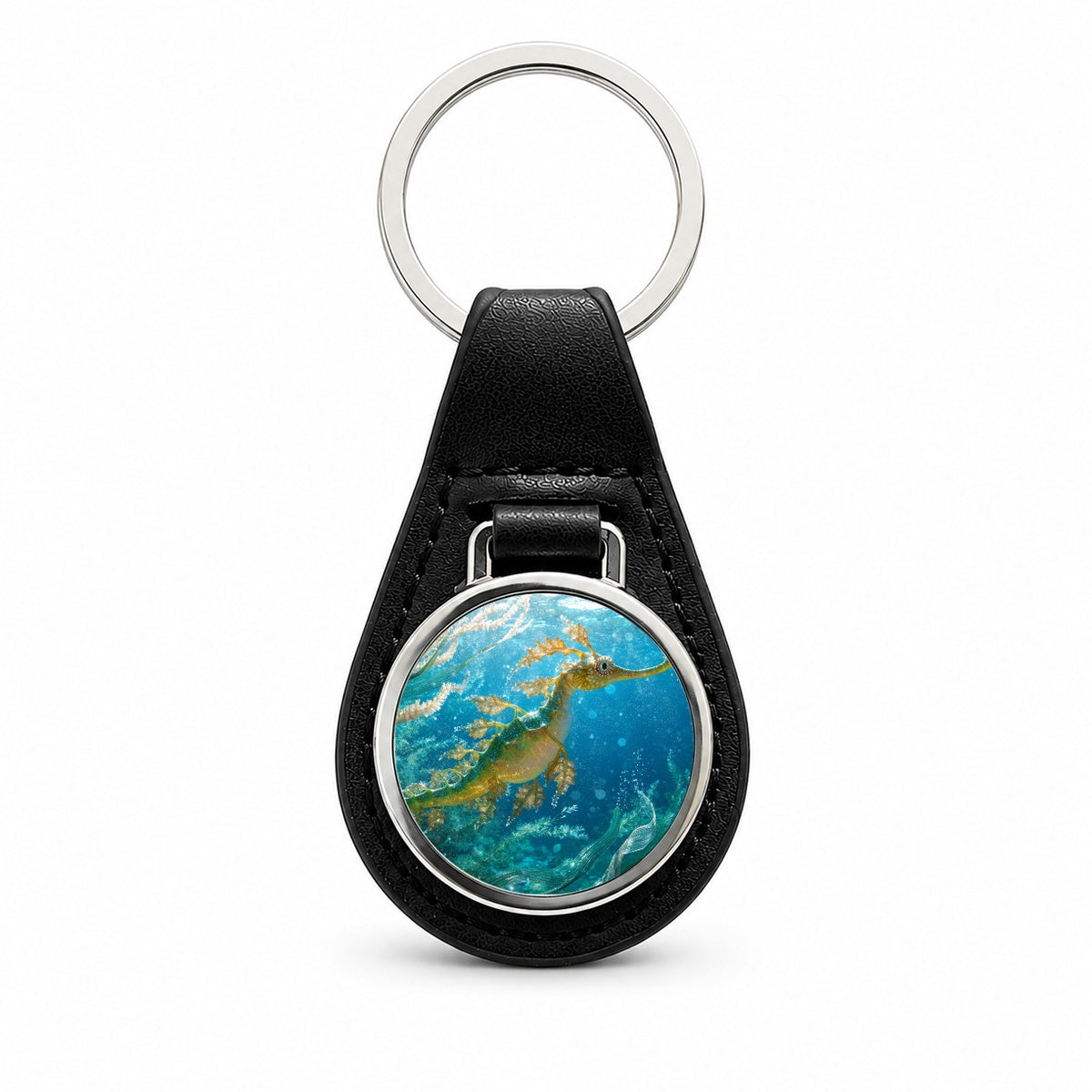 Leafy Seadragon Ocean Black Leather Metal Keychain