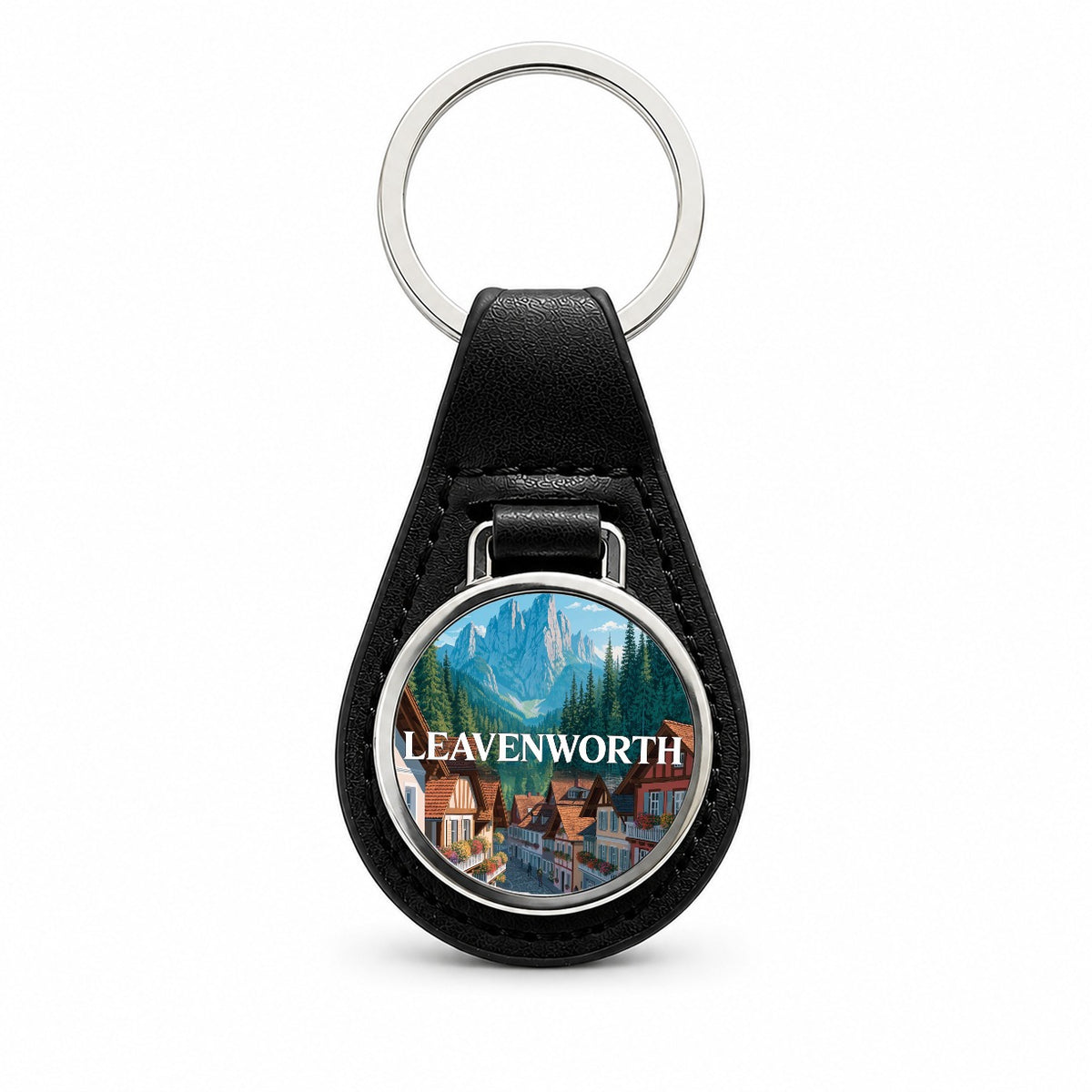 Leavenworth Washington Travel Black Leather Metal Keychain