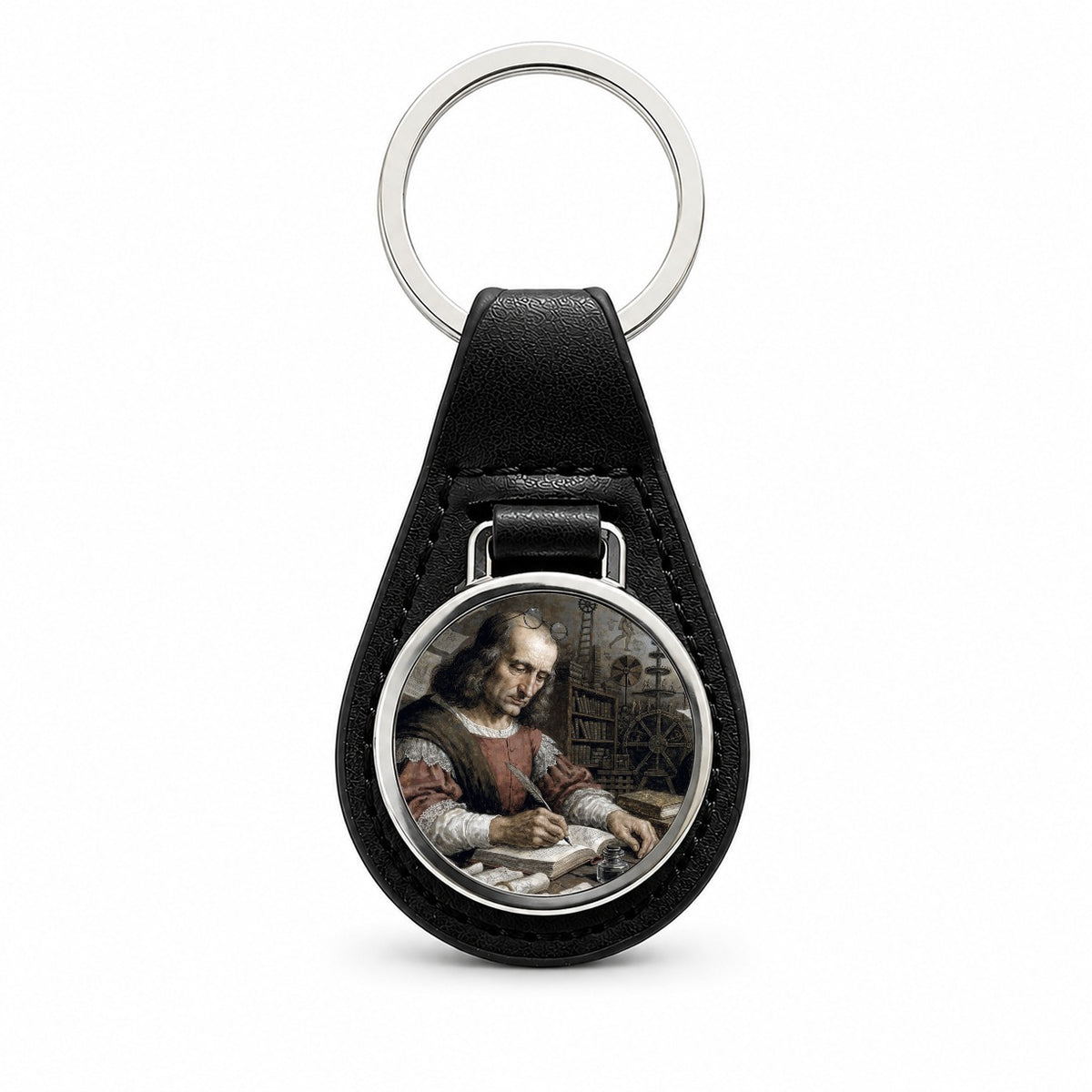 Leonardo Da Vinci Black Leather Metal Keychain