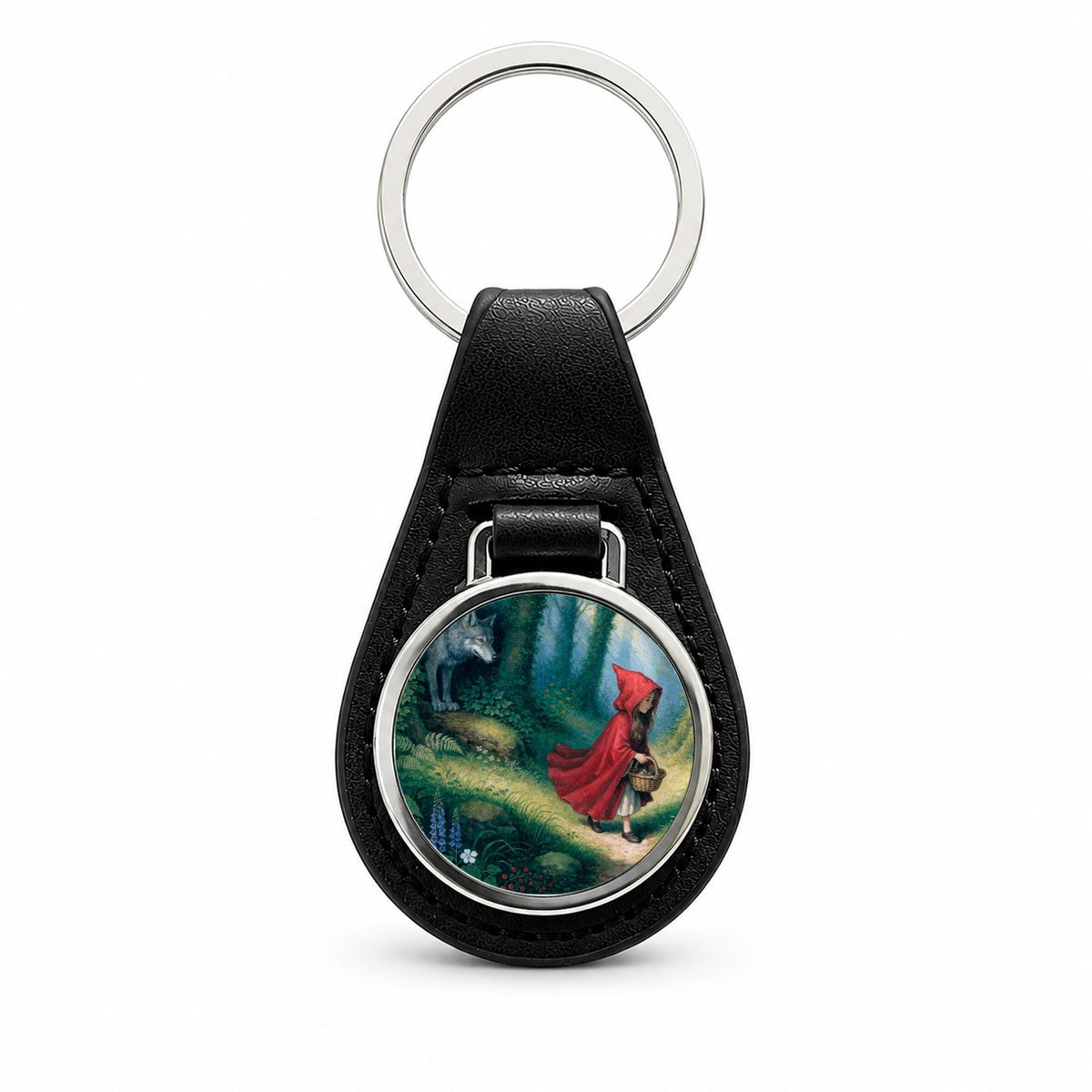 Little Red Riding Hood Fairy Tale Black Leather Metal Keychain