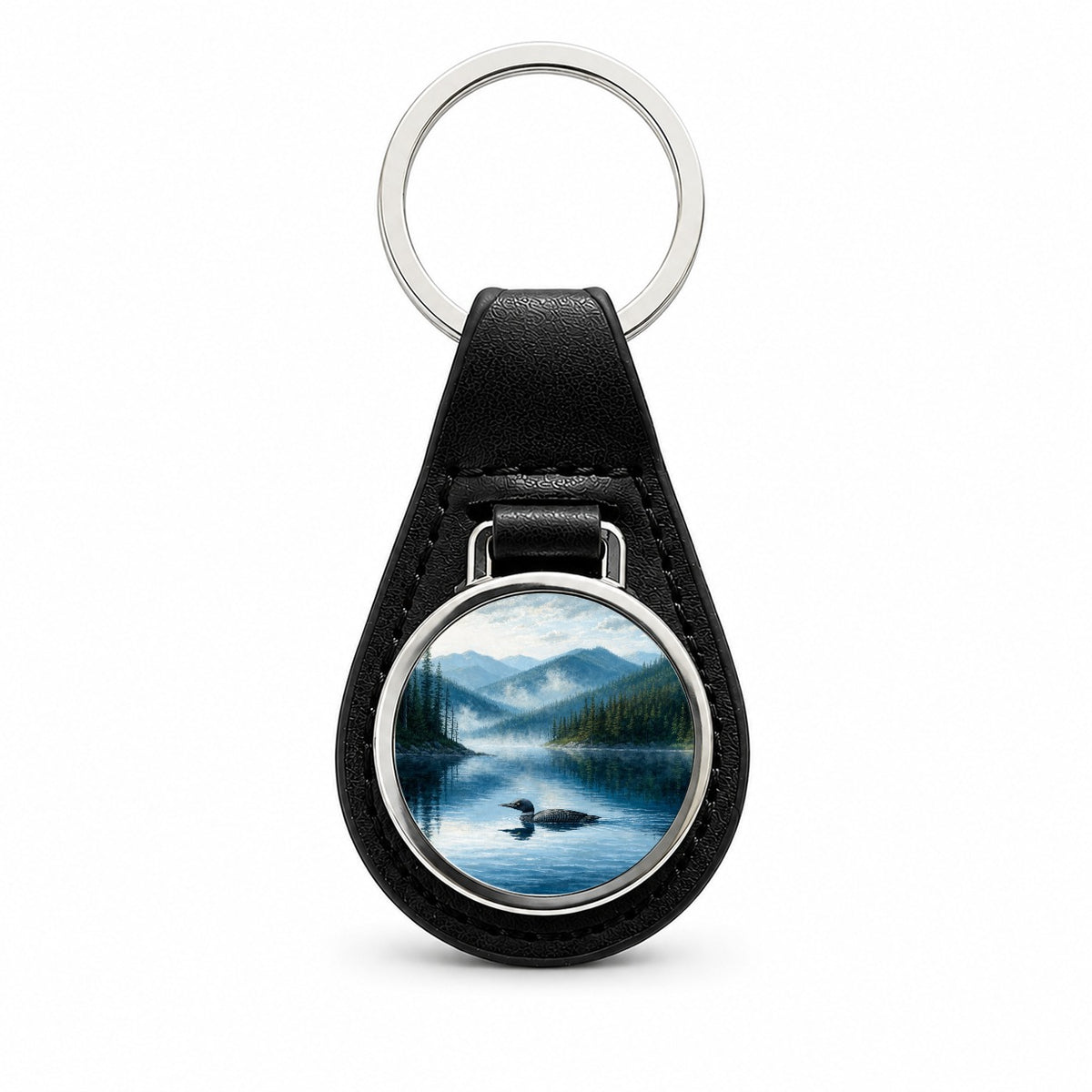 Loon Mountain Lake Black Leather Metal Keychain