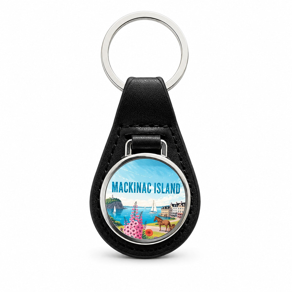 Mackinac Island Michigan Travel Black Leather Metal Keychain