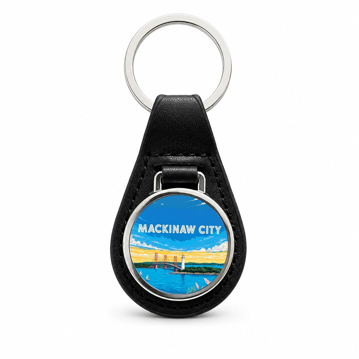 Mackinaw City Michigan Travel Black Leather Metal Keychain