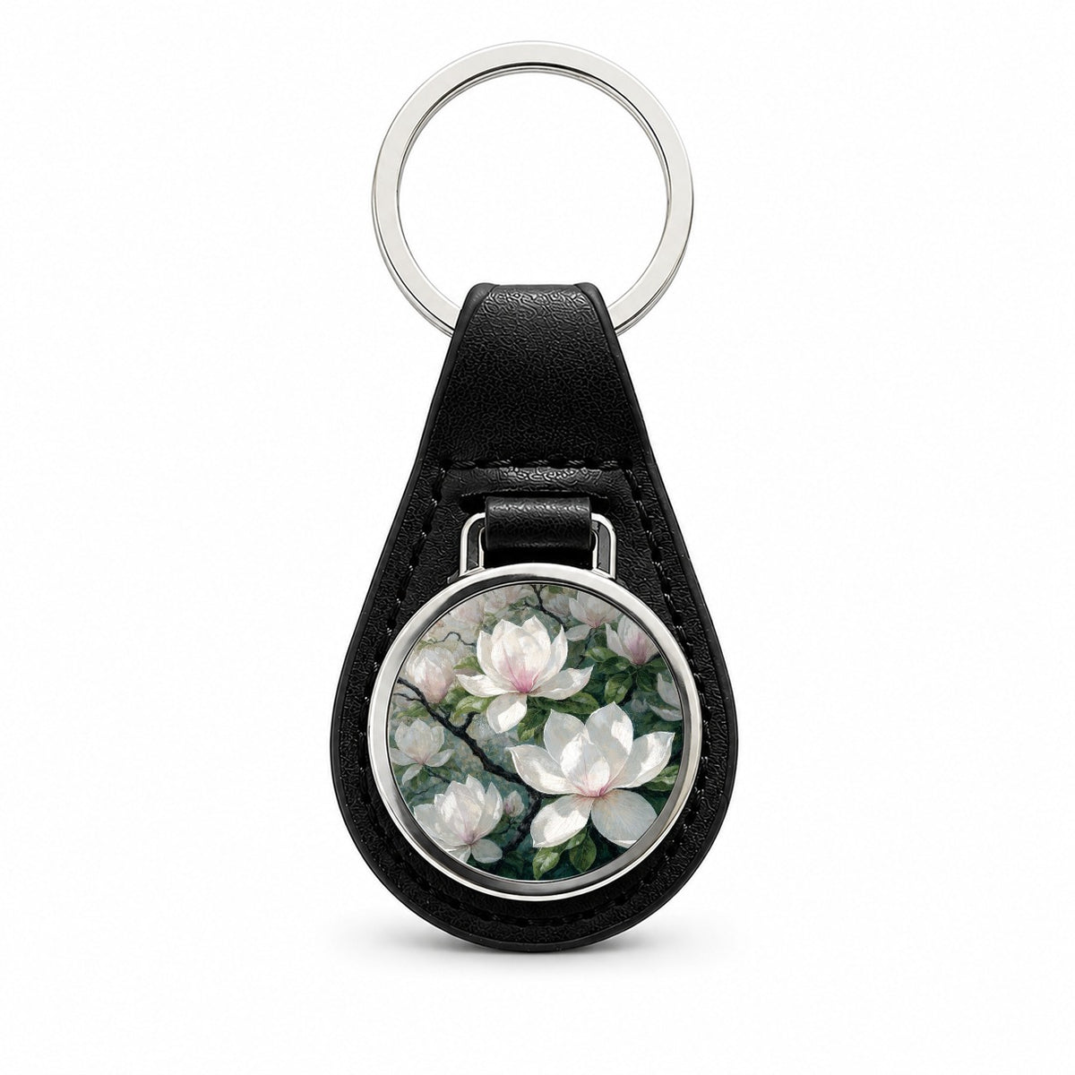 Magnolia Blossom Flowers Black Leather Metal Keychain