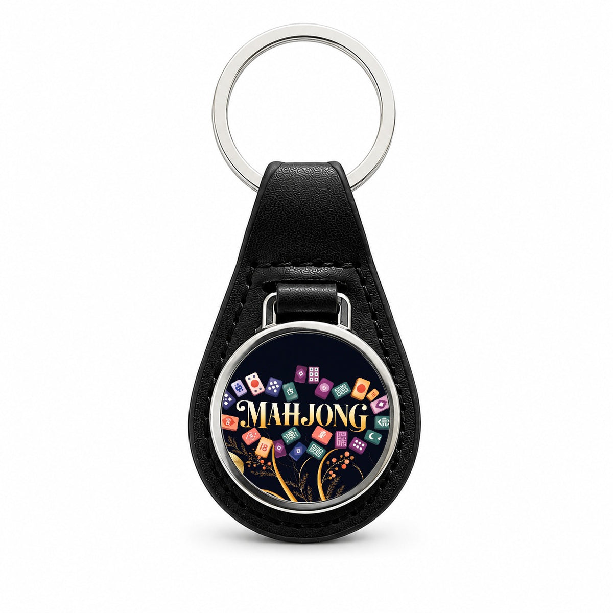 Mahjong Game Tiles Elegant Black Leather Metal Keychain