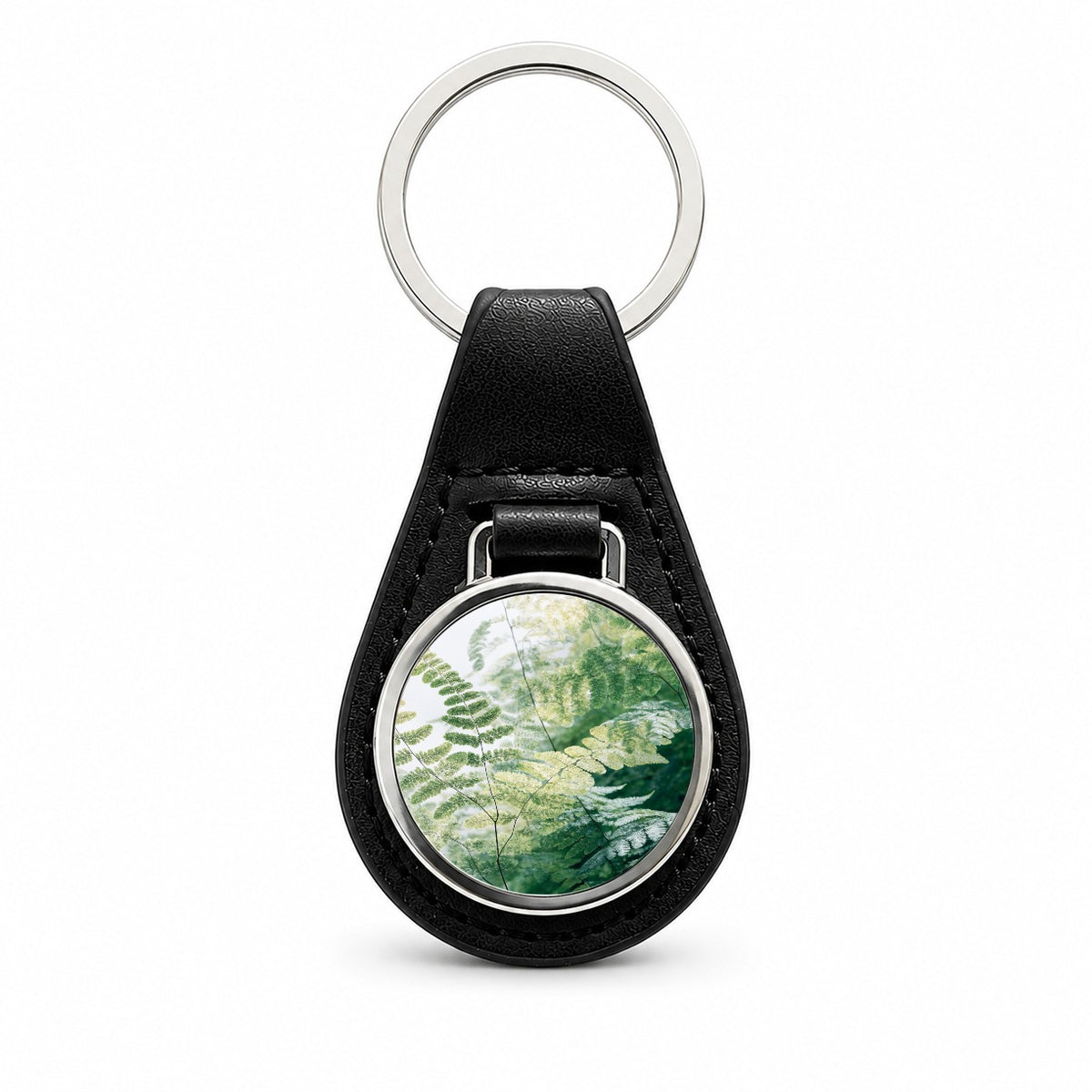 Maidenhair Fern Garden Black Leather Metal Keychain