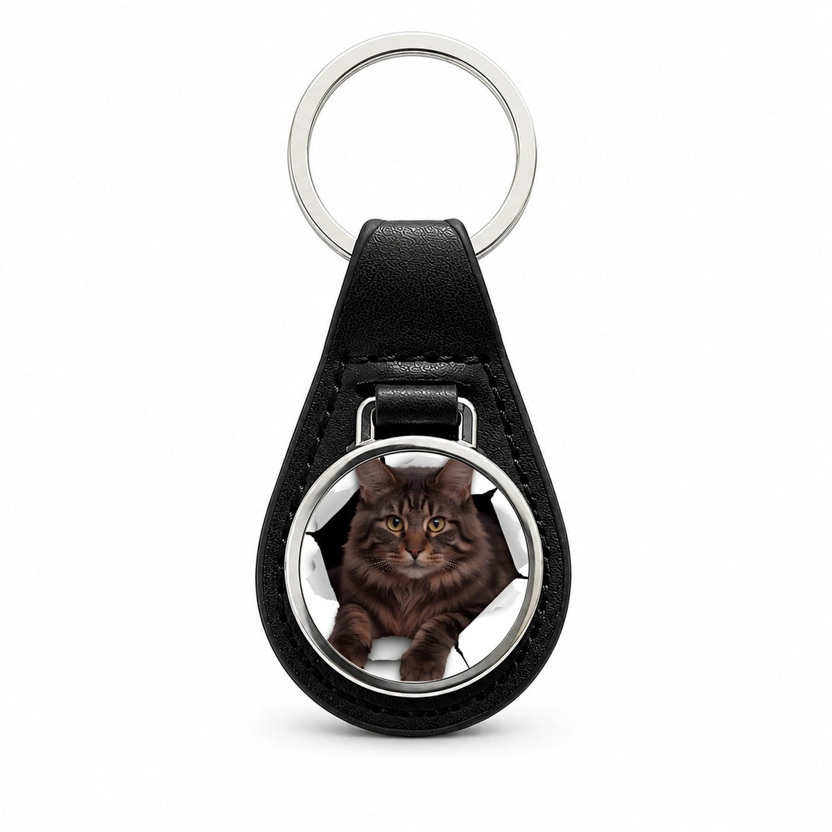 Main Coon Cat Breakout Black Leather Metal Keychain