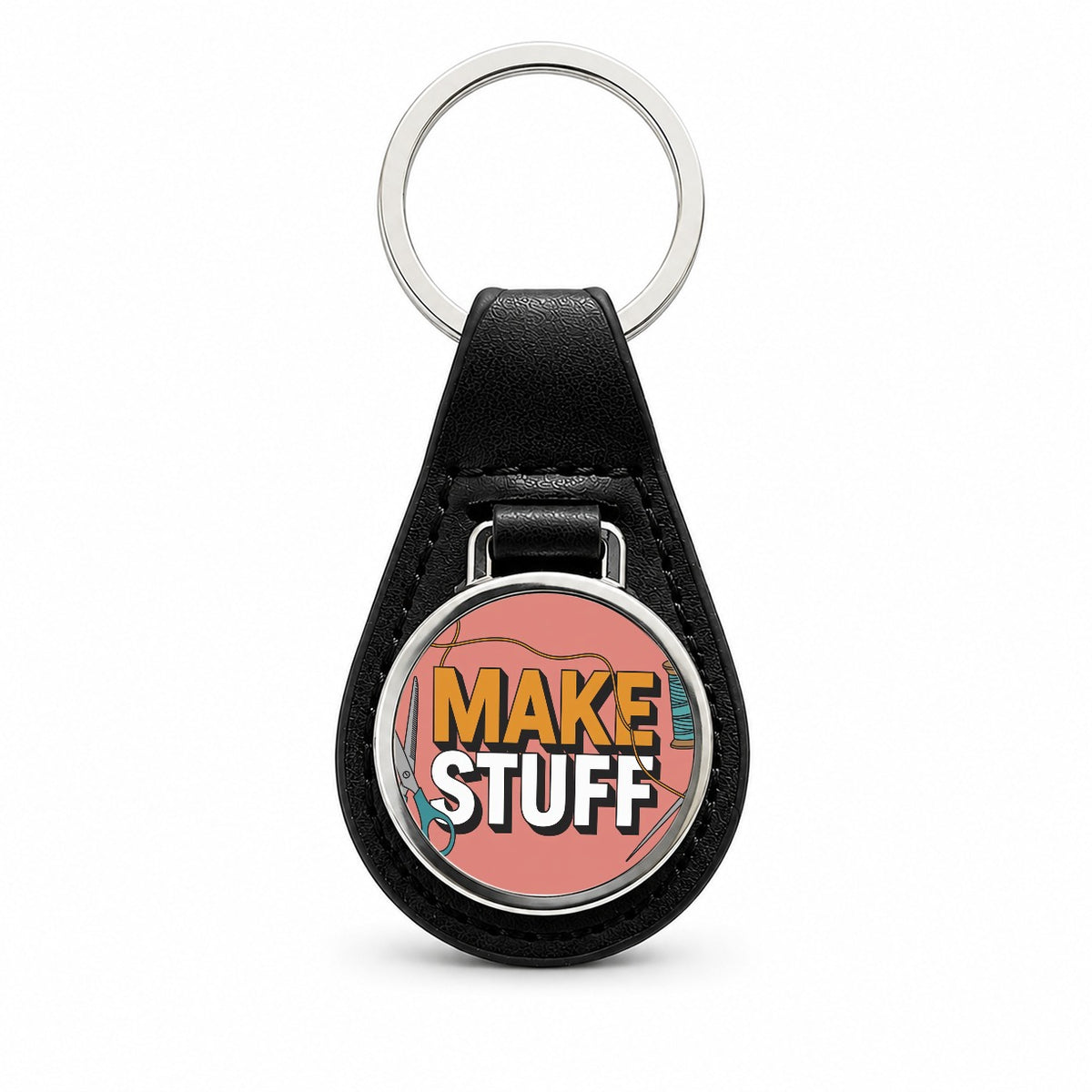 Make Stuff Scissors Thread Sewing Crafter Black Leather Metal Keychain