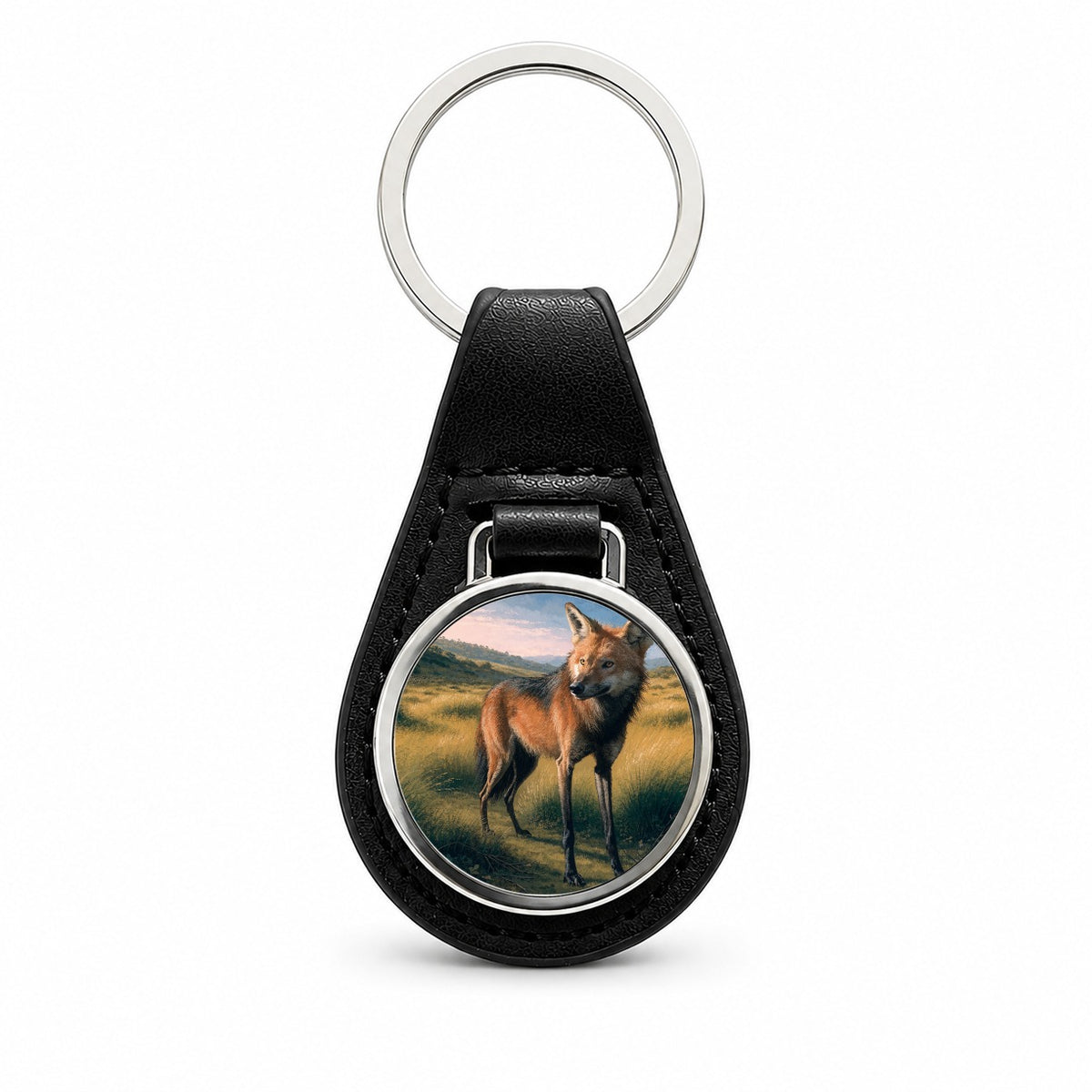 Maned Wolf Grasslands Black Leather Metal Keychain