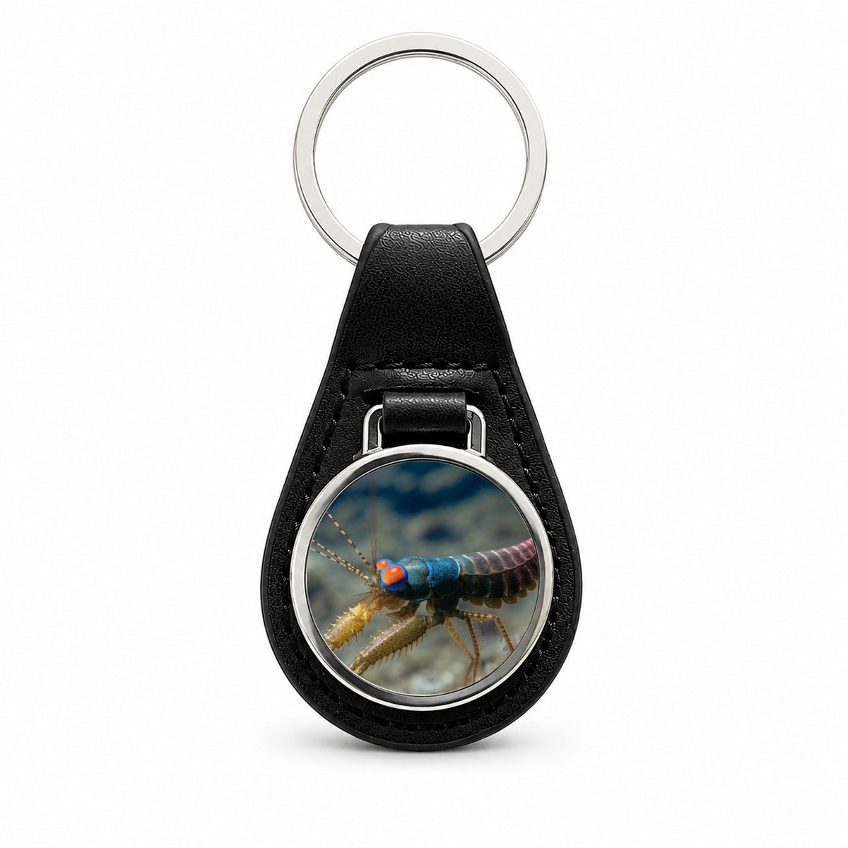 Mantis Shrimp Black Leather Metal Keychain