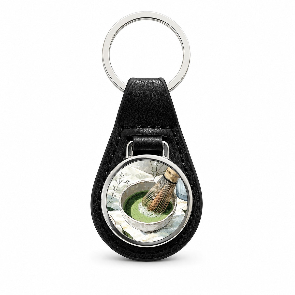 Matcha Tea Quaint Black Leather Metal Keychain