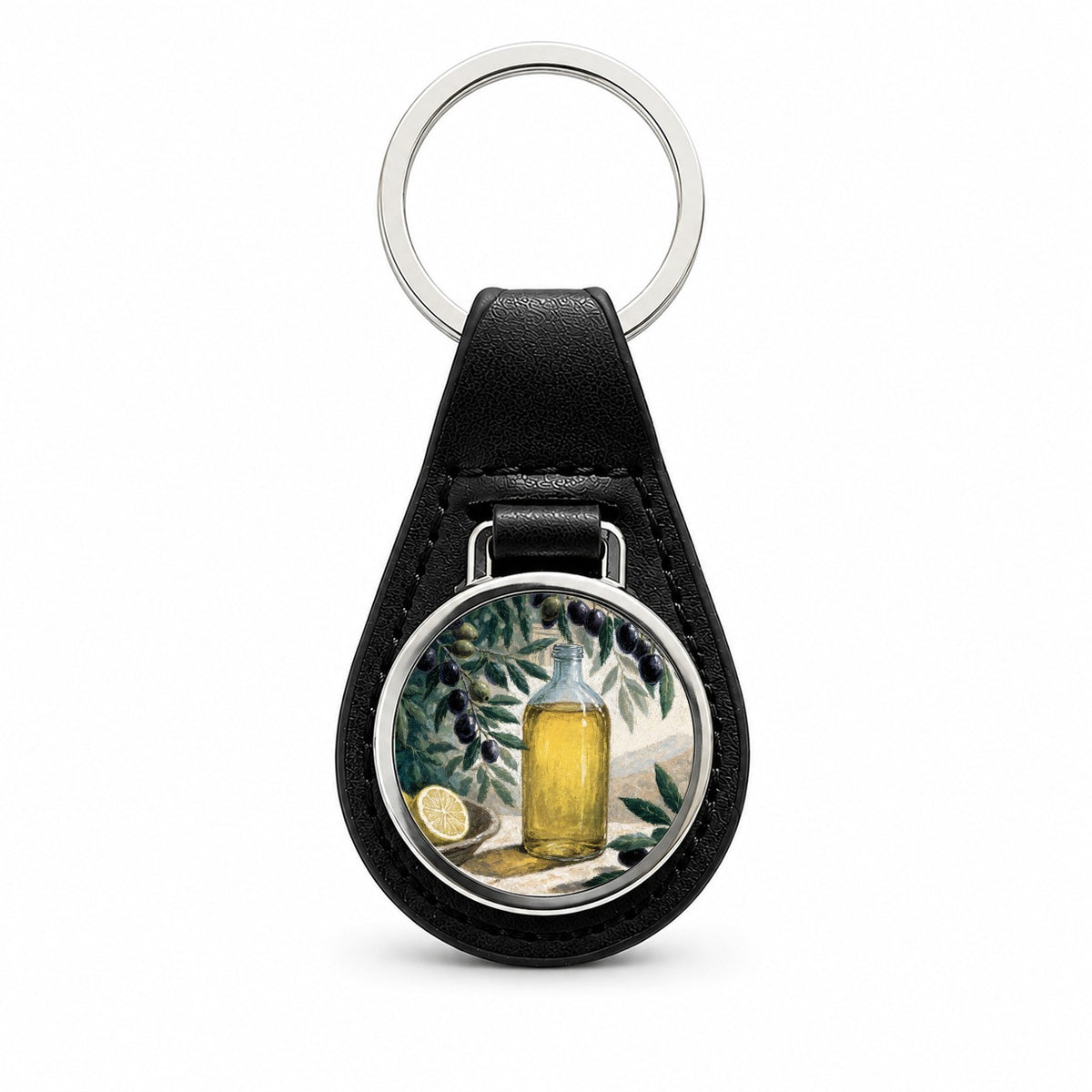 Mediterranean Olive Oil Black Leather Metal Keychain