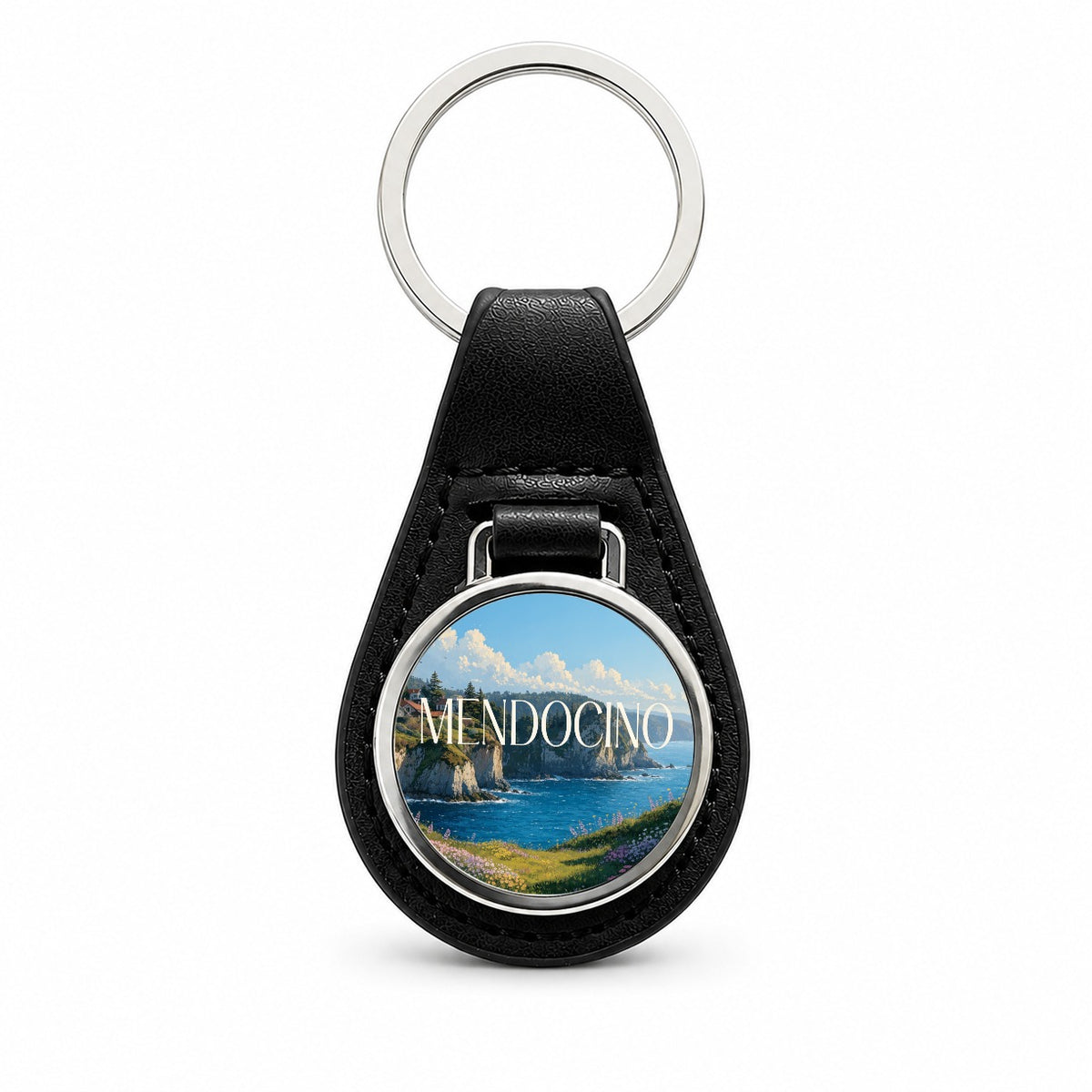 Mendocino California Black Leather Metal Keychain