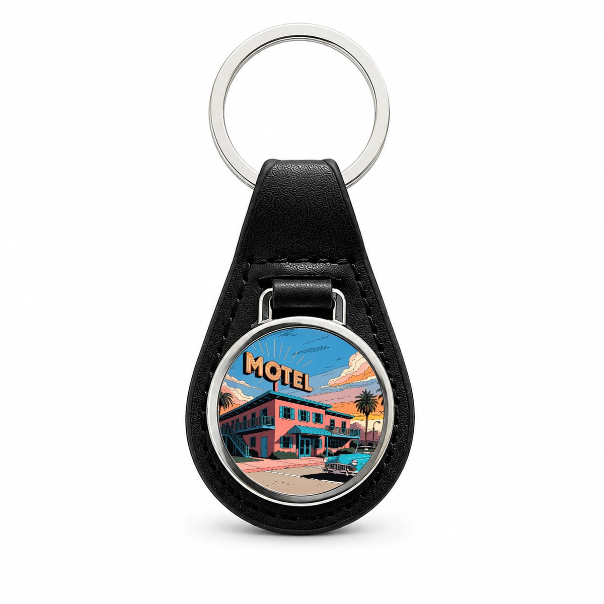 Mid Century Roadside Motel Black Leather Metal Keychain
