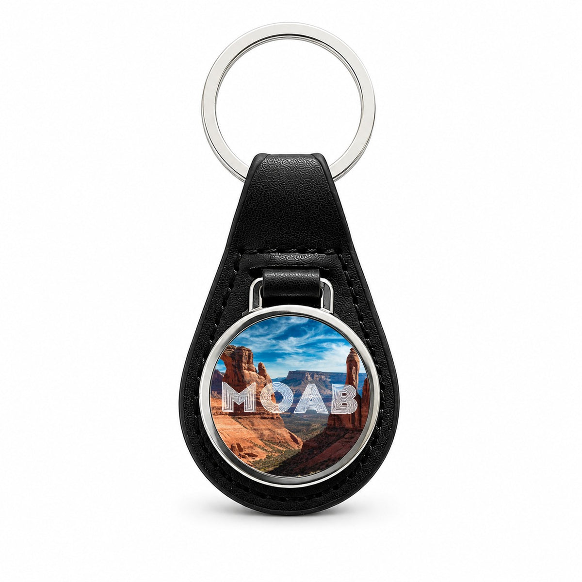 Moab Utah Black Leather Metal Keychain