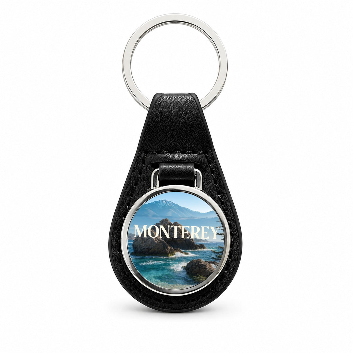 Monterey California Travel Ocean Black Leather Metal Keychain