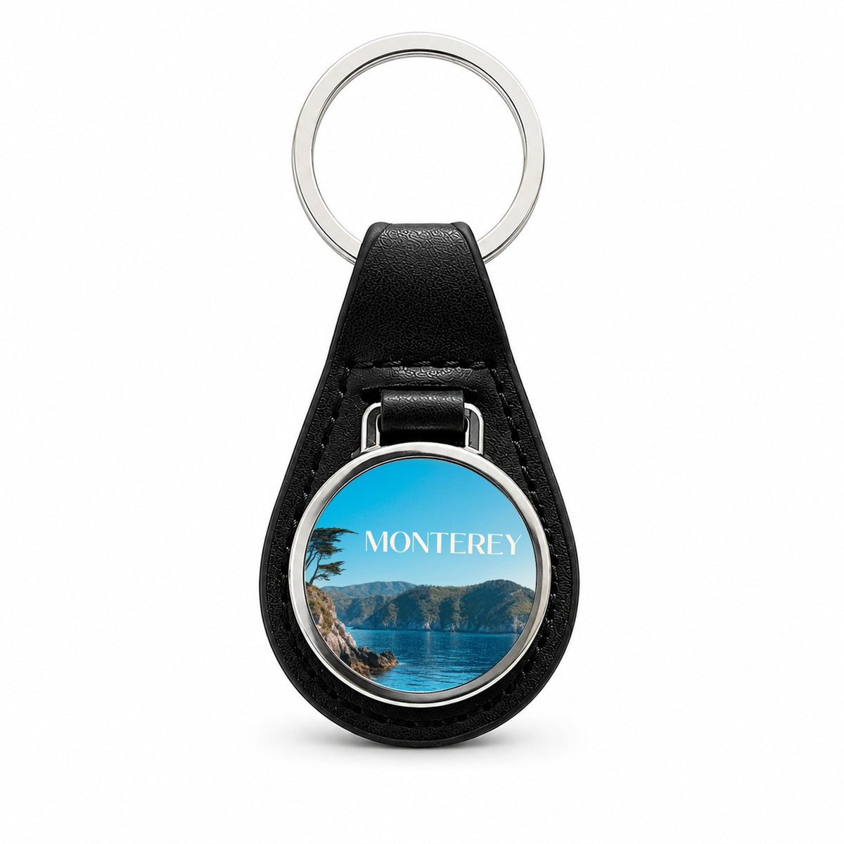 Monterey California Travel Black Leather Metal Keychain