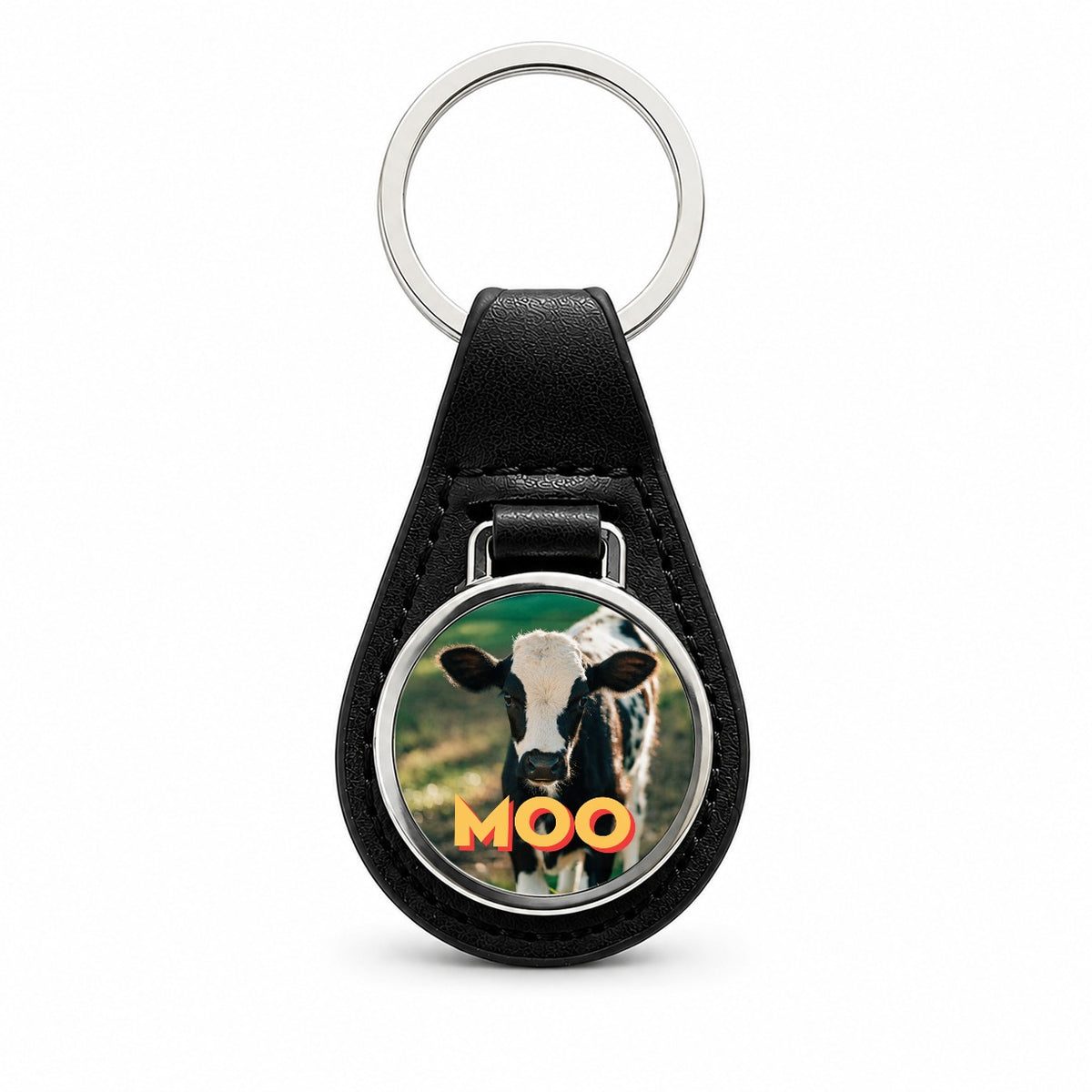 Moo Cow Funny Photo Black Leather Metal Keychain