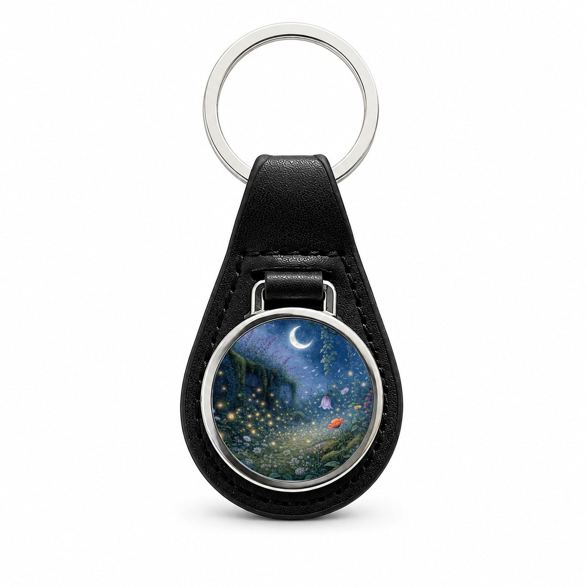 Moonlit Firefly Garden Black Leather Metal Keychain