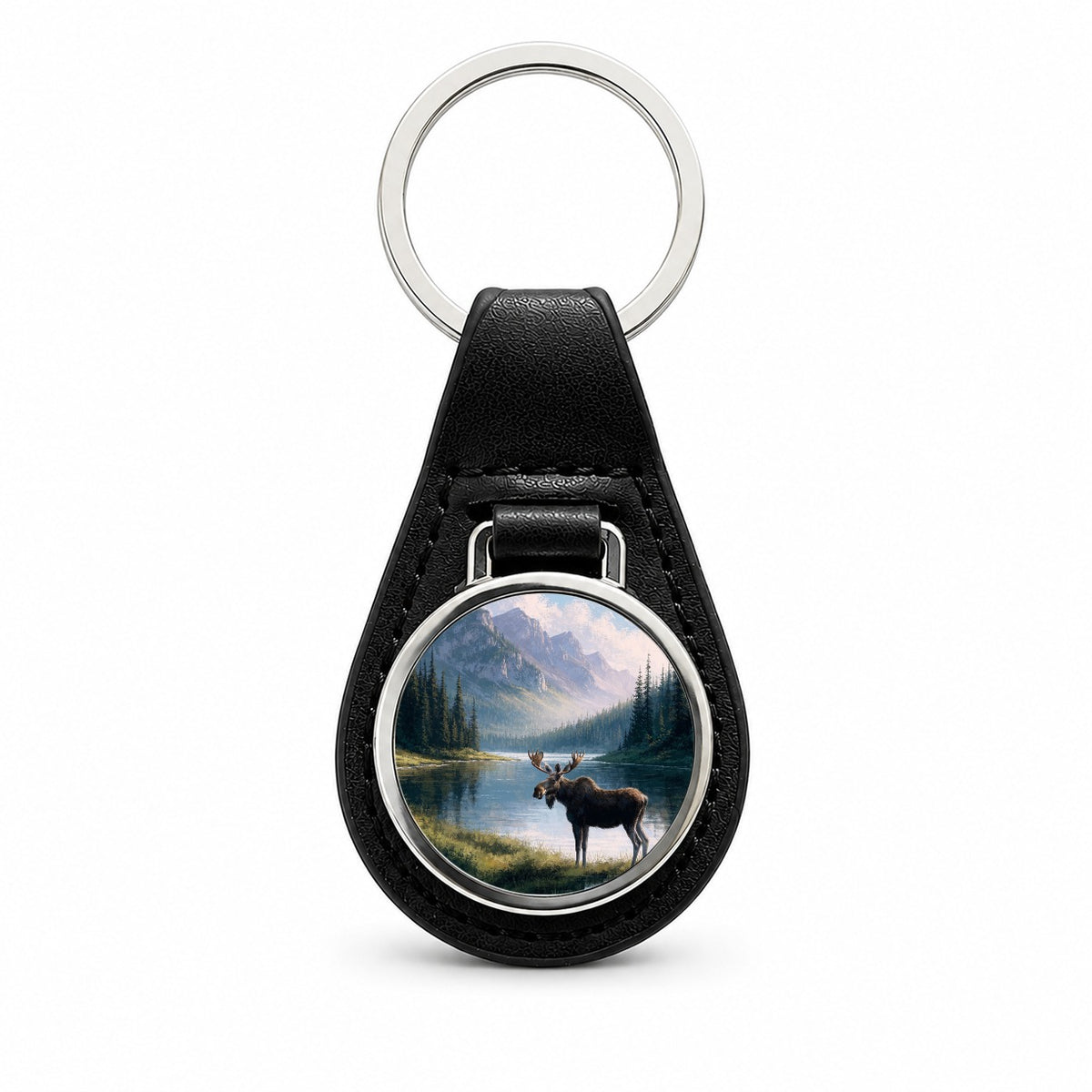 Moose Mountain Lake Black Leather Metal Keychain